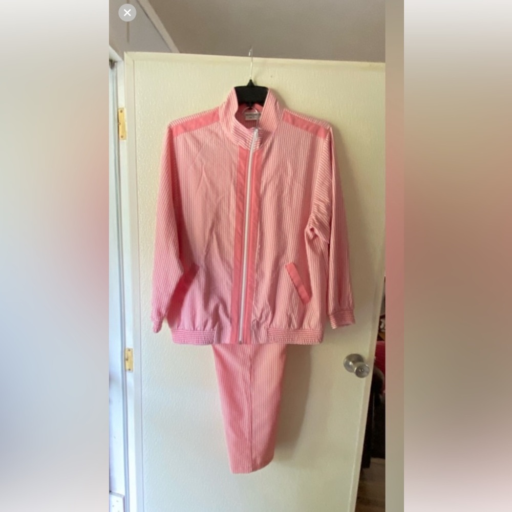 2-piece. Seersucker jacket and pants. Jacket is size 14. Pants size 12P.